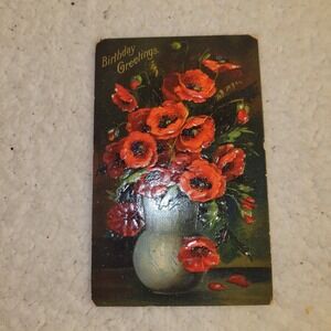 Vintage‎ Postcard Birthday Greetings 1908 Red Poppies Brooklyn NY Fair Antique